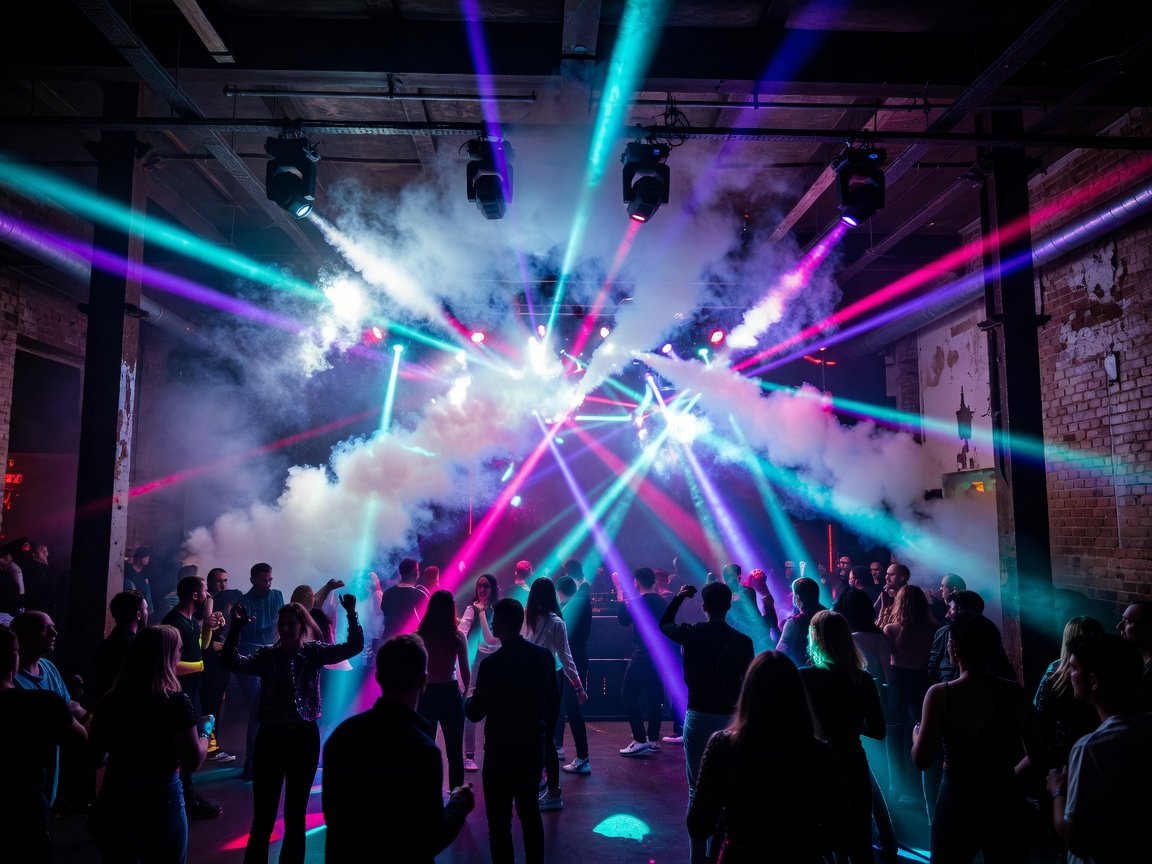 Instant-Fogas Nightclub Interior Lights Budapest with surreal lighting installations and art sculptures