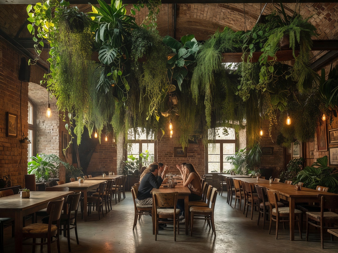 Mazel Tov Restaurant Interior Hanging Plants Budapest inside glass roof atrium with botanical plants