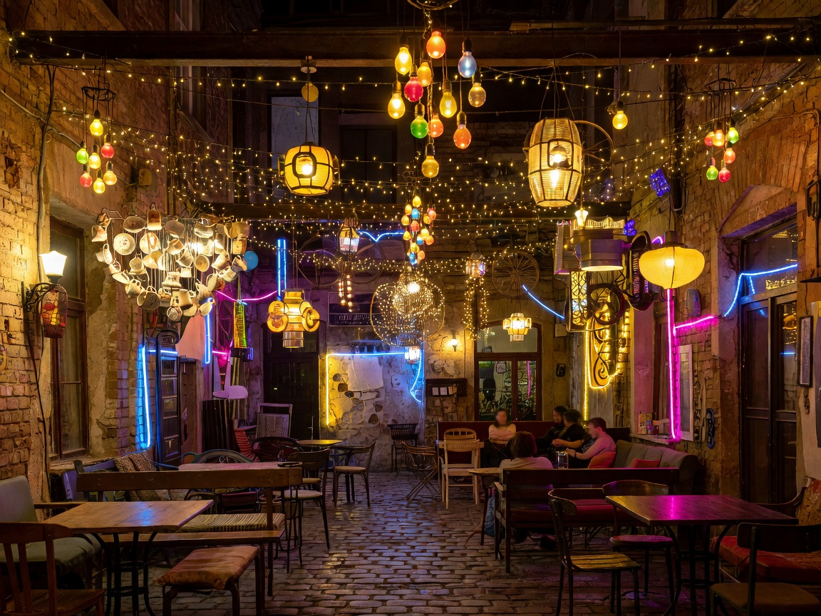 Szimpla Kert Courtyard Lighting Budapest with vintage lamp shades hanging over open-air courtyard
